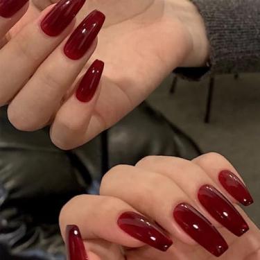 Imagem de Kit de unhas de pressão médio longo caixão vermelho borgonha unhas falsas, cobertura completa de acrílico para unhas postiças para mulheres, uso diário, manicure de casamento, 24 peças