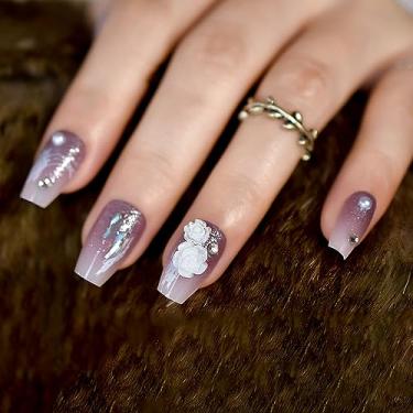 Imagem de Flores 3D Caixão Imprensa Nails Roxo Ombre Glitter Unhas Falsas Brilhantes Cobertura Completa Kit de Unhas Postiças para Mulheres - 24 pçs/conjunto