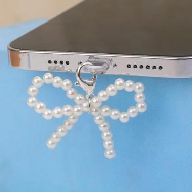 Imagem de Plugue de poeira para telefone com laço pérola pingente decoração de telefone tipo C porta carregador protetor antipoeira