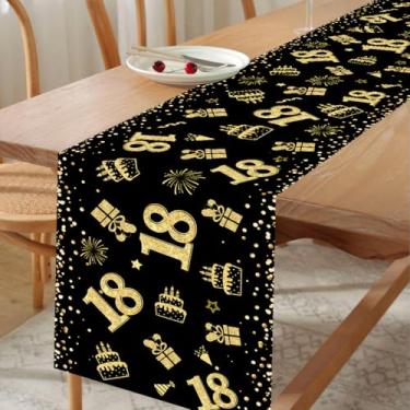 Imagem de 1 pç Toalha de mesa descartável feliz aniversário de 18 anos, ouro preto 180 x 35 cm, toalha de mesa feliz aniversário de 18 anos para meninos de 18 anos comemorar aniversário decoração de festa