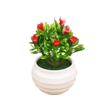 Imagem de Artigos de festa em vaso de grama sintética, presente de flores artificiais vívidas, bonsai, decoração de casa, planta realista (vermelho-rosa)