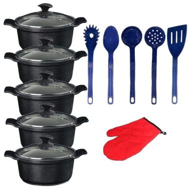 Imagem de Jogo Panela Preto Craq Talher Azul Cerâmica Javali Aal 16A24