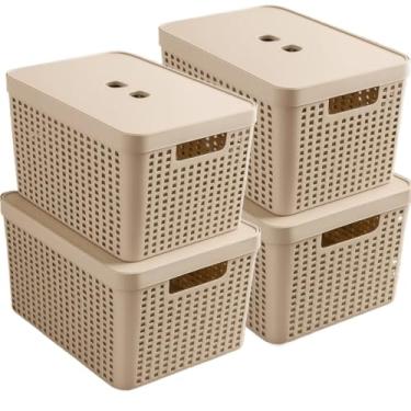 Imagem de Caixa Organizadora, Kit 4 Caixas Organizadora Grande Multiuso com Tampa 17 Litros Plástico Resistente(Bege)