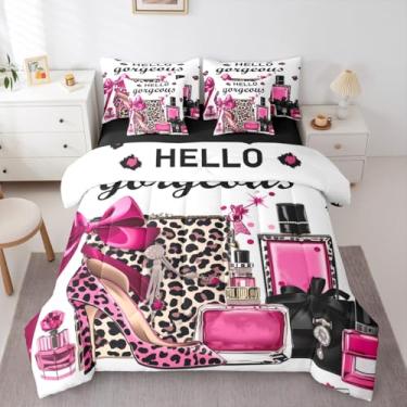 Imagem de Erosebridal Jogo de cama solteiro com estampa de leopardo preto e rosa, moderno, 7 peças, arco e perfume de salto alto, moderno, para meninas, com lençol de cima