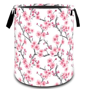 Imagem de VODRM Cesta de roupa suja com ramo floral de flor de cerejeira, cesto organizador de brinquedos para crianças e adultos, cesto de armazenamento impermeável de tecido Oxford para presentes de decoração