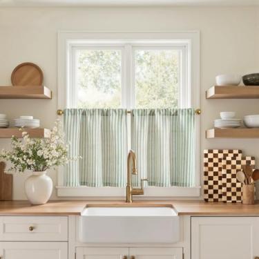 Imagem de jinchan Cortinas listradas de linho para cozinha, 50,8 cm de comprimento, cortinas de campo, estilo café, tratamentos de janela pequena, bolso para varão de filtragem de luz arejada para sala de estar