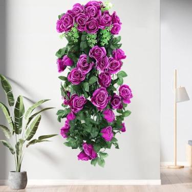 Imagem de 95 cm Flores de rosa artificiais, videira, 19 cabeças, planta falsa, vime, interior, exterior, parede, jardim, decoração de festa de casamento (Roxo)