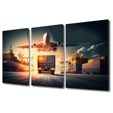 Imagem de TUMOVO Arte de parede em tela Transporte e logística de porta-contentores de carga e avião de carga Impressão em tela para decoração de parede de hotel de escritório em casa esticada emoldurada pronta