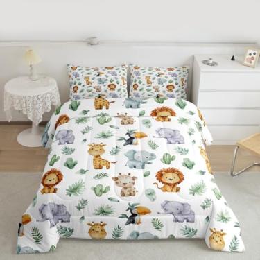Imagem de Feelyou Jogo de cama solteiro com desenho de animais fofos, girafa, leão, natureza, vida selvagem, para quarto de crianças, zoológico, decoração de animais de microfibra, ultramacia e respirável