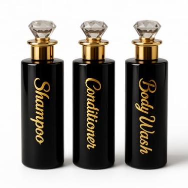 Imagem de uMadeUs Dispensador de xampu e condicionador – Garrafas essenciais de higiene – Shampoo recarregável para chuveiro e sabonete líquido, Diamante preto redondo, Small, Moderna