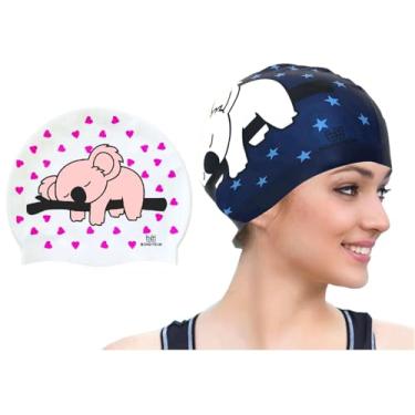 Imagem de BONDYUEN Unissex - Touca de natação para adultos para crianças, homens e mulheres, com cabelo curto ou médio, divertida, palavras fofas, estampas de design de toucas de natação de silicone (azul