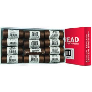 Imagem de DONNA Linha de tecelagem, pacote com 12 (65 jardas/60 metros cada) – fio 100% poliéster para tecidos costurados, perucas e extensões – forte, baixo fiapo, salão e uso doméstico (marrom)