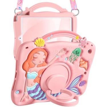 Imagem de Boaretiu Capa para iPad 9ª geração de 10,2 polegadas - para iPad 7ª/8ª/9ª geração, 3D, desenho fofo, sereias, meninas, adolescentes, capa de silicone macio com alça e suporte giratório