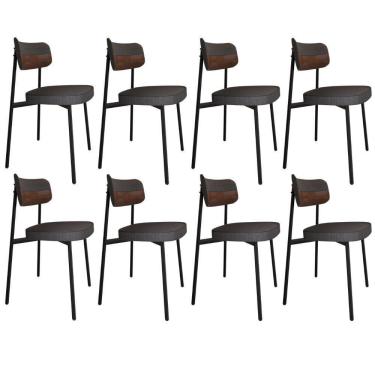 Imagem de Kit 08 Cadeiras Estofada Para Sala De Jantar Astrid Preto C01 Linho Preto Courino Whisky - Lyam Decor