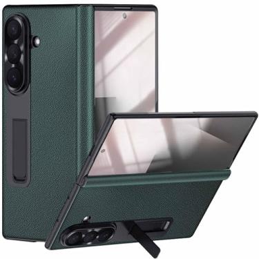 Imagem de YQODSZ Capa de couro para Samsung Galaxy Z Fold 7 com suporte, protetor de tela de vidro frontal embutido capa de dobradiça à prova de choque cobertura total capa de negócios para Z Fold 7 verde