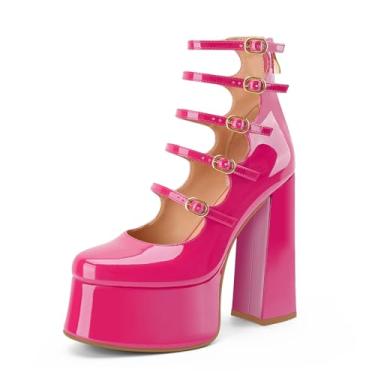 Imagem de Perisis Botas femininas plataforma Mary Janes salto alto bloco grosso cano curto bico fechado botas botas gótico lolita sapatos, Rosa choque, 36