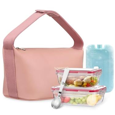Imagem de wiwens Conjunto de lancheira feminina de couro isolado com 2 recipientes para lancheira, colher e bolsa de gelo, à prova de vazamento, reutilizável, de alta capacidade, para trabalho, viagens