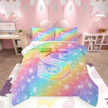 Imagem de Feelyou Conjunto de edredom colorido com arco-íris, tamanho solteiro, presente personalizado para crianças, meninas, lindo, laço de coquete, edredom com nó de edredom com letra P, monograma, 2 peças