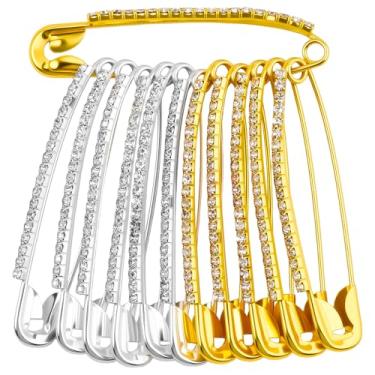 Imagem de 12 peças de alfinetes de segurança de strass broche de ouro e prata - alfinetes Hijab de 5,6 cm, broches e alfinetes para mulheres - Berloque de alfinete de segurança para meias, saias, suéteres