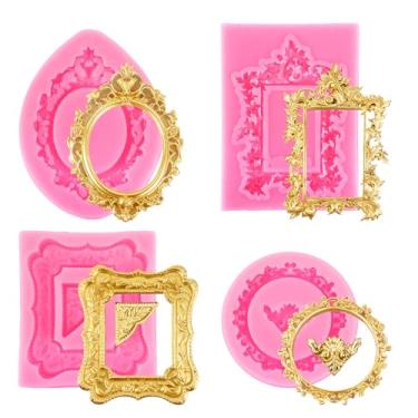 Imagem de Conjunto de 4 Moldes de Silicone para Molduras Fotos, Moldes Rosa Vintage em Estilo Barroco Argila Secagem Ao Ar Ideais para Assar Chocolates Doces e Sobremesas Argila Polimérica (4 Formatos)