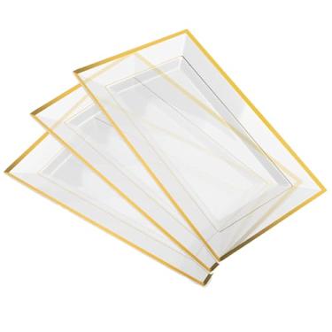 Imagem de Mint Living - Conjunto de bandeja e travessa de plástico elegante (pacote com 3) - Bandejas e travessas descartáveis de borda dourada e transparente para alimentos - casamentos, festas, mesa de
