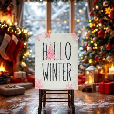 Imagem de 1 capa para cadeira de jantar floco de neve com letras de inverno padrão de linho sintético bege rosa 57 x 46 cm