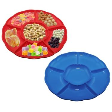 Imagem de CAOXIAOXUYAO Bandejas redondas de plástico de 30,5 cm com 2 unidades, 6 pratos secionais para servir pratos de comida para doces, nozes, vegetais, frutas, ação de graças (2, vermelho, biue escuro)