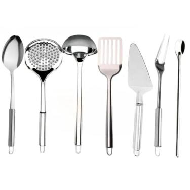 Imagem de Kit Utensílios Inox Colher Escumadeira Concha Espatula Colher Suco Espatula Bolo Garfo Trinchante (7)