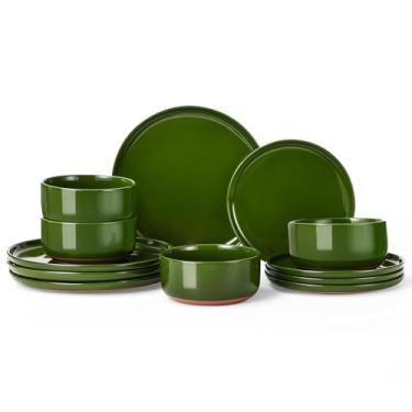 Imagem de GZG Conjunto de pratos e tigelas, conjunto de 12 peças de louça de cerâmica moderno para 4, conjunto de pratos de cozinha e jantar, conjunto de louça de grés, seguro para micro-ondas e lava-louças