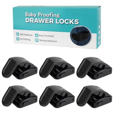 Imagem de Maveek Fechaduras de gaveta à prova de bebê, pacote com 6, trava de impermeabilização infantil para gaveta de canto armário de cabeceira porta mais fina armário de cozinha, trava de móveis de