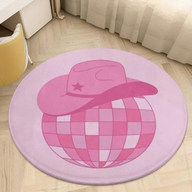 Imagem de Huryilo Tapete redondo rosa disco cowboy círculo tapete ocidental para sala de estar quarto decoração vaqueira 90 cm