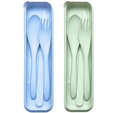 Imagem de Conjunto de utensílios de viagem reutilizáveis com estojo, 2 conjuntos de colheres de garfo de faca portáteis de palha de trigo, talheres de acampamento para lancheira, utensílios de mesa de plástico