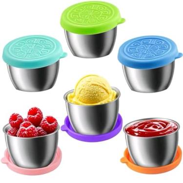 Imagem de 6 peças de copos de condimento de aço inoxidável de 68 g com tampas à prova de vazamento - Perfeito para saladas, molhos e molhos. Design portátil ideal para piqueniques, viagens e preparação de