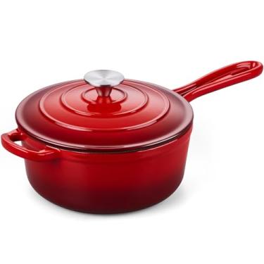 Imagem de Onader Panela de molho de ferro fundido, panela pequena de 3 litros com tampa, panela de cozinha de forno holandês de ferro fundido esmaltado, antiaderente e resistente - vermelha