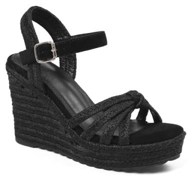 Imagem de Mikarka Sandálias femininas de plataforma com tira no tornozelo, sandálias femininas de bico aberto, alpargata anabela para mulheres, sapatos concisos, casuais, para o verão, 366-2 preto, 10