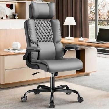 Imagem de Sytas Cadeira ergonômica de escritório executivo com encosto de cabeça ajustável, cadeira de mesa de couro PU, cadeira de trabalho giratória de encosto alto para escritório em casa, reclinável a 135°