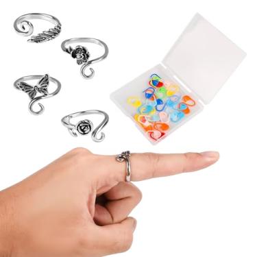 Imagem de 4 anéis de crochê para dedo, anéis de tensão de fio de asa de anjo de lótus rosa borboleta com 30 clipes de papel de crochê, anéis de tensão para decoração diária de crochê