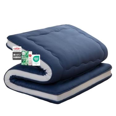 Imagem de Syalife Colchão futon japonês tamanho solteiro, 10 cm espesso, dobrável e portátil, enchimento de espuma tradicional Shikibuton 32D, design no Japão (azul marinho, 39 x 80)