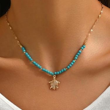 Imagem de Colar de contas com pingente de tartaruga, 2 estilos de imitação de cristal e turquesa com corrente de ouro para mulheres, joia diária Boho, One Size, Metal Vidro, Sem Pedra Preciosa