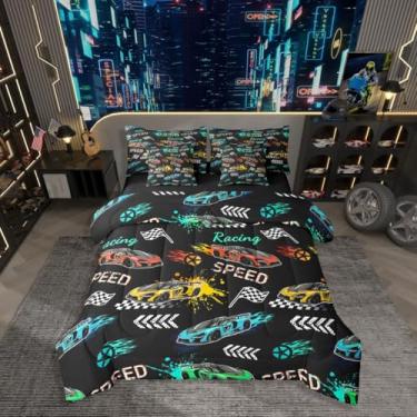 Imagem de Jogo de cama queen de carro esportivo de desenho animado, tamanho Queen, cama colorida de carro de corrida em uma bolsa, jogo de cama de jogos de esportes radicais inclui edredom, conjunto de lençol