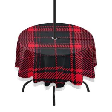 Imagem de Blueangle Toalha de mesa redonda xadrez vermelha e preta à prova d'água de 152 cm com orifício para guarda-chuva - Tecido resistente à prova de sol para todos os climas para pátio, acampamento
