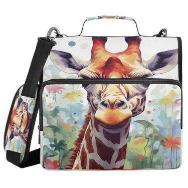 Imagem de Blueangle Pasta com zíper com pintura de girafa, bolsa de fichário de 3 anéis de 3 cm comporta 500 páginas, organizador de zíper com vários bolsos com alça e alça ajustáveis (415)