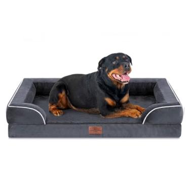Imagem de Comfort Expression Cama ortopédica para cães extragrandes 121 x 76 cm, à prova d'água de espuma para ovos, 2GG, com almofadas removíveis, sofá para cães com capa lavável e fundo antiderrapante, cinza