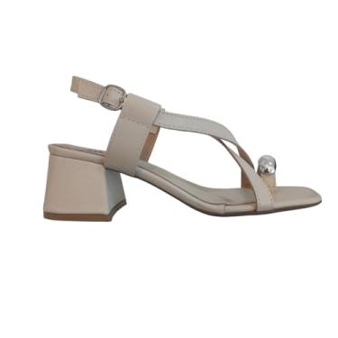 Imagem de QR Shoes, Sandália Feminina Couro Tiras Salto Médio Bloco Anel de Dedo Cor:Creme;Tamanho:35