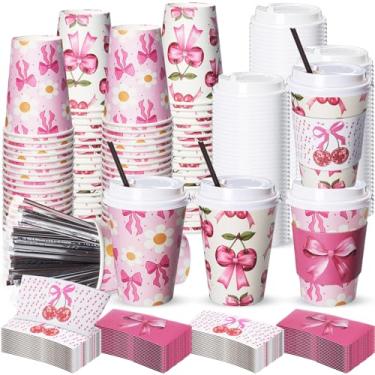Imagem de Lallisa Conjunto de 100 xícaras de café descartáveis de laço rosa com tampas, canudos e mangas 355 ml Copos de café de papel para festa, bebidas quentes e frias, Natal, casamento, despedida de