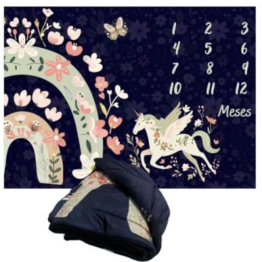 Imagem de Edredom Dupla Face Para Foto Bebê Mêsversário Unicórnio Azul Tapete Fotográfico Infantil, Multiuso, Estampa Digital, Acompanha Marcador, Super Macio