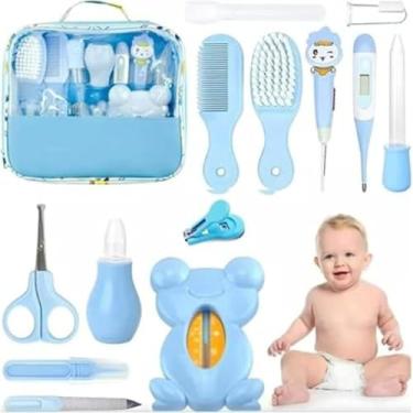 Imagem de Kit de Cuidados para Bebê, 13 Peças, Azul, com Estojo, Inclui Termômetro, Tesoura, Escova, Pente, Cortador de Unhas