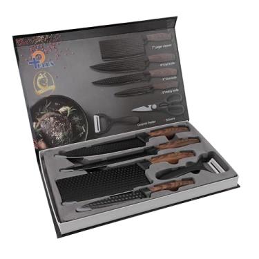 Imagem de Lovely Vibe Conjunto de Facas e Utensílios 6 Peças, Aço Inox com Cabos Ergonômicos, Preto e Marrom, Inclui Faca Chef 33cm, Cutelo 31cm, Tesoura e Descascador