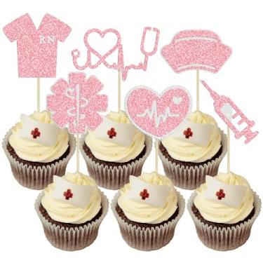 Imagem de Gyufise 24 peças de topos de cupcake de enfermeira, escola de enfermagem, palitos de cupcake de formatura, parabéns, enfermeira, topos de bolo para decoração de bolos de festa de aniversário temáticos