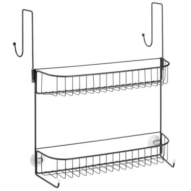 Imagem de mDesign Suporte de metal extra largo sobre o banheiro, organizador de armazenamento suspenso com ganchos embutidos e cestas em 2 níveis para xampu, sabonete líquido, buchas, resistente à ferrugem